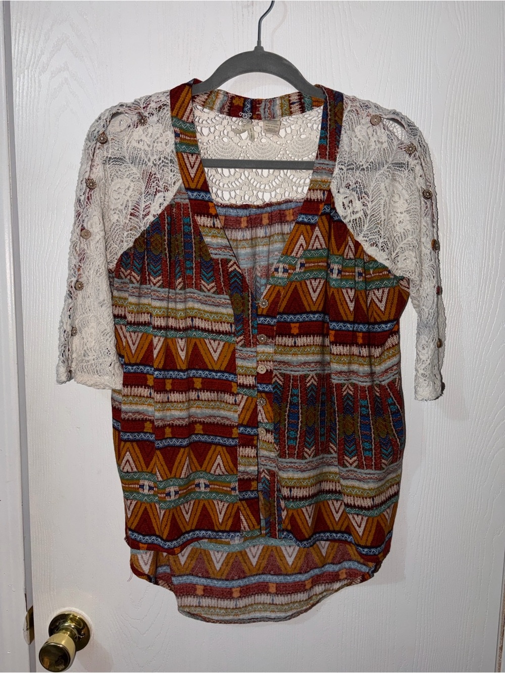 BKE  Crochet Sleeve Mixed Print Top - Rust Multi